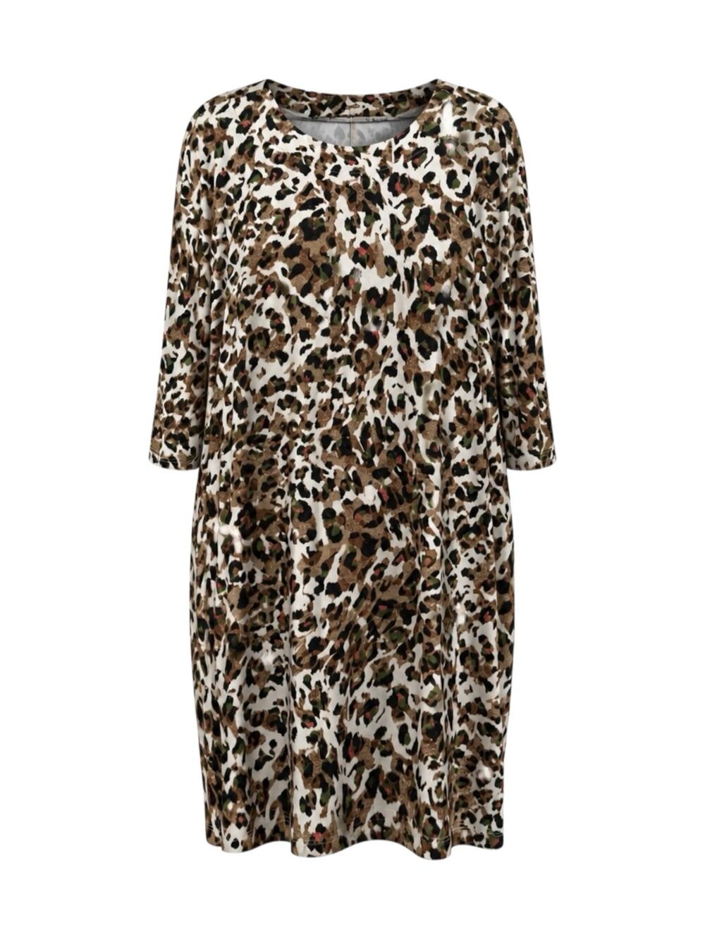 Free People Sz M Savannah Knit Dress Leopard Print Shift Shirt Dress 3/4 Sleeve
